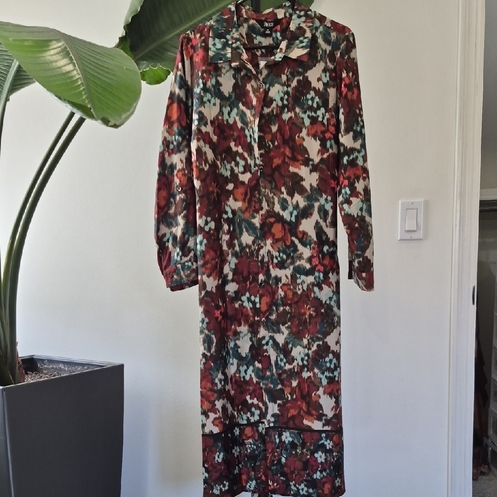 Investments Long-Sleeve Floral Midi Dress in Burgundy, Teal and Cream